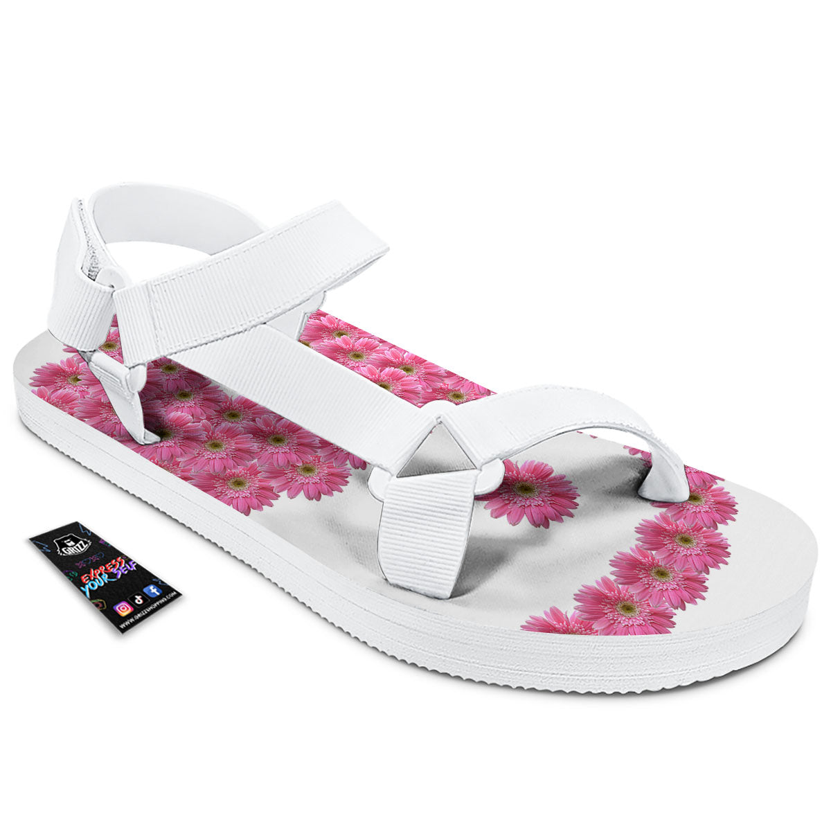 Yin Yang Pink Flowers Print White Open Toe Sandals-grizzshop