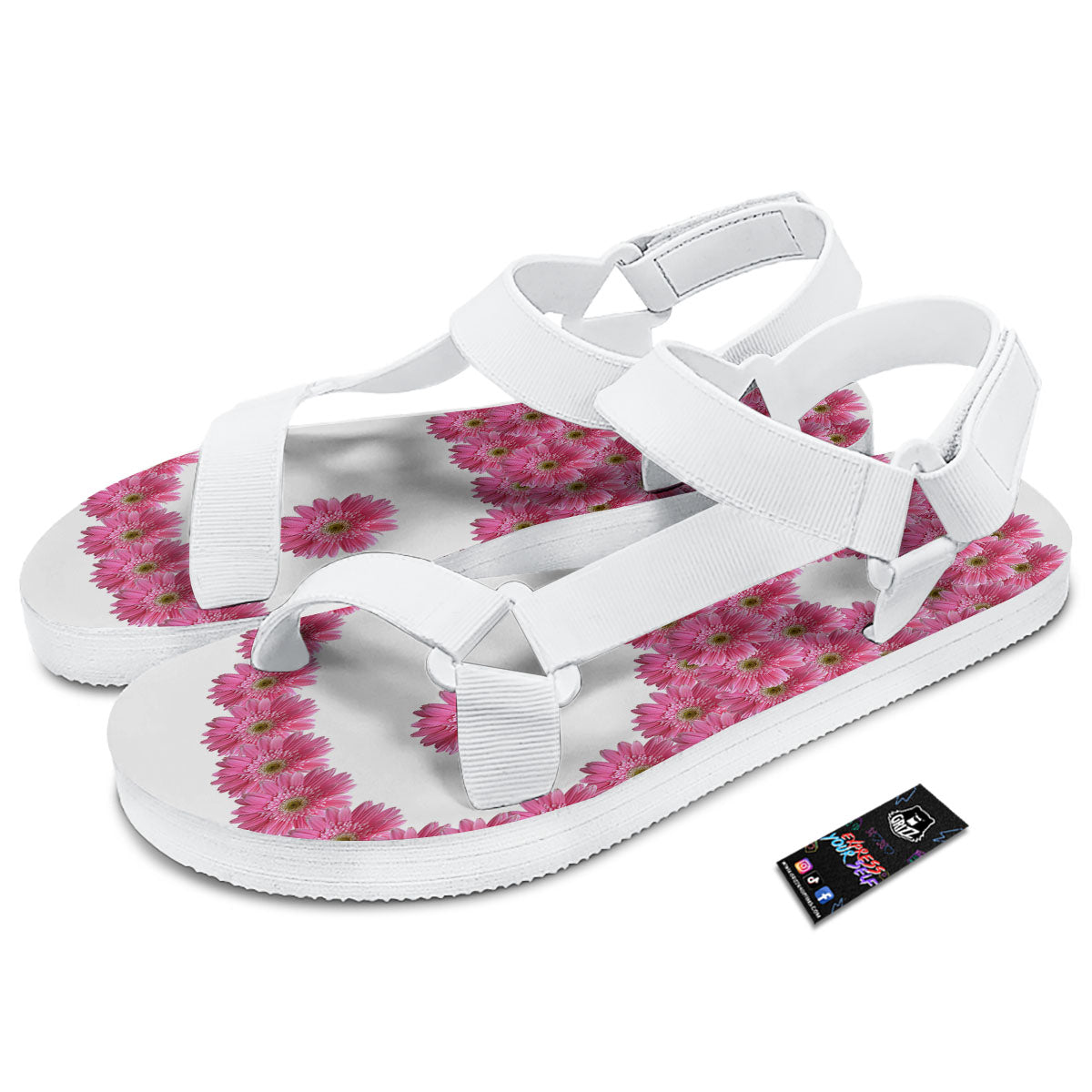 Yin Yang Pink Flowers Print White Open Toe Sandals-grizzshop