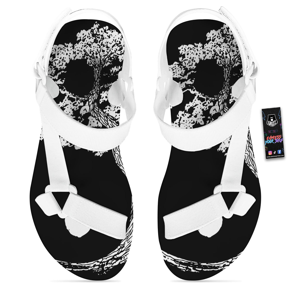 Yin Yang Roots Print White Open Toe Sandals-grizzshop