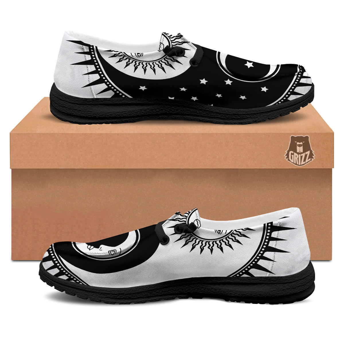 Yin Yang Sun White And Black Print Black Loafers-grizzshop