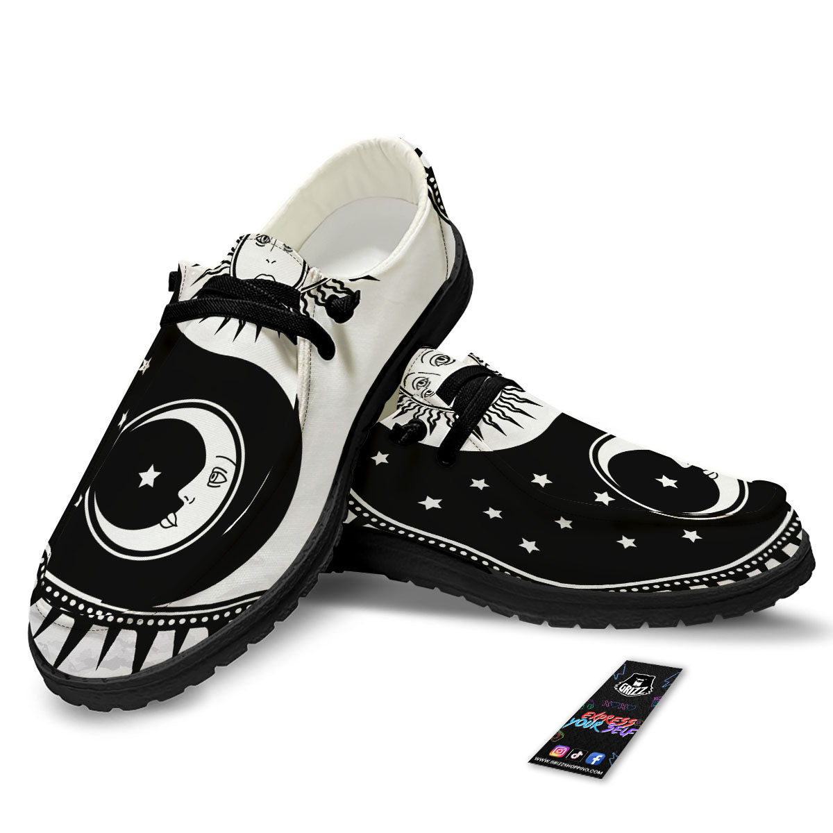 Yin Yang Sun White And Black Print Black Loafers-grizzshop
