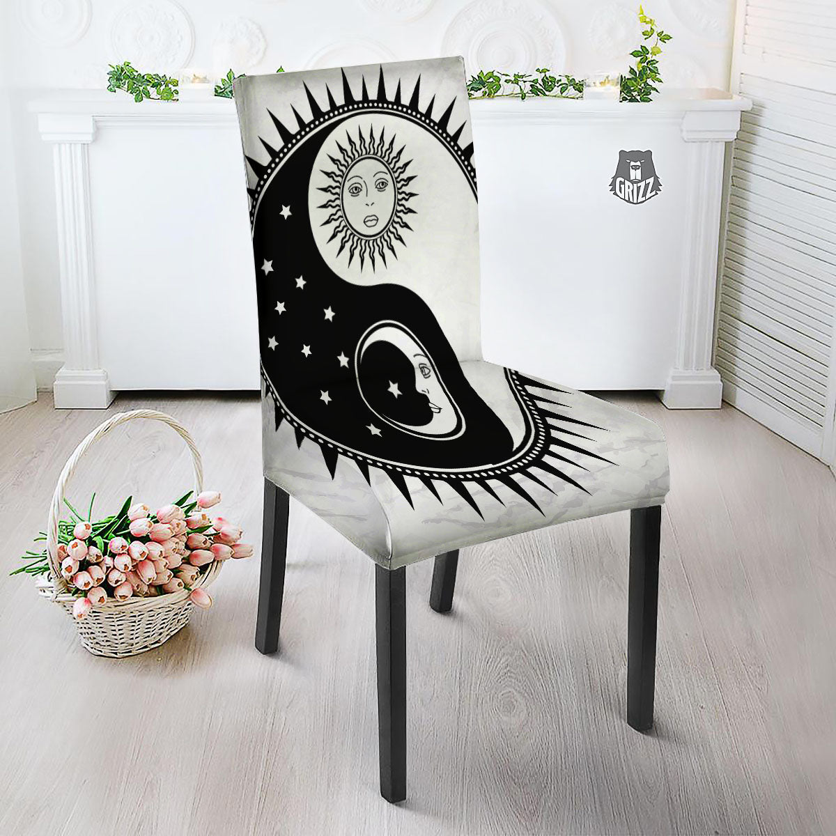 Yin Yang Sun White And Black Print Dining Chair Slipcover-grizzshop