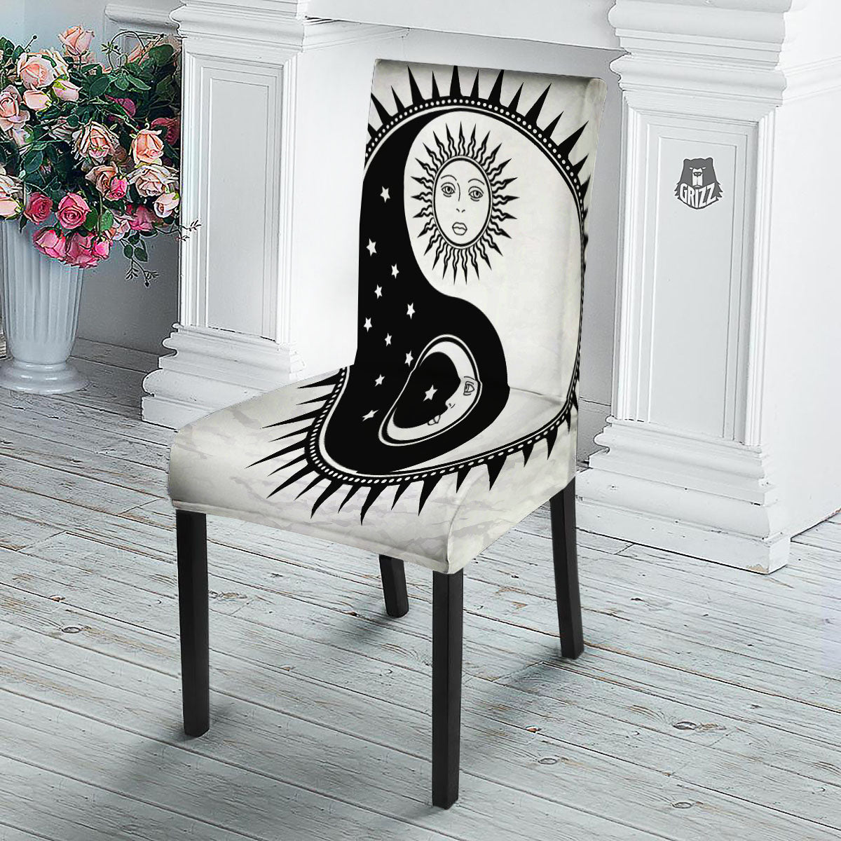 Yin Yang Sun White And Black Print Dining Chair Slipcover-grizzshop