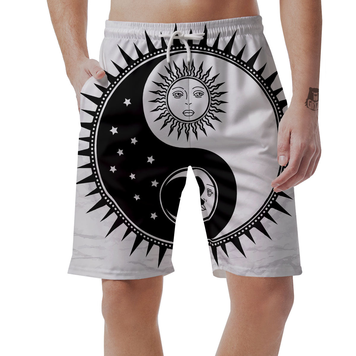 Yin Yang Sun White And Black Print Men's Shorts-grizzshop