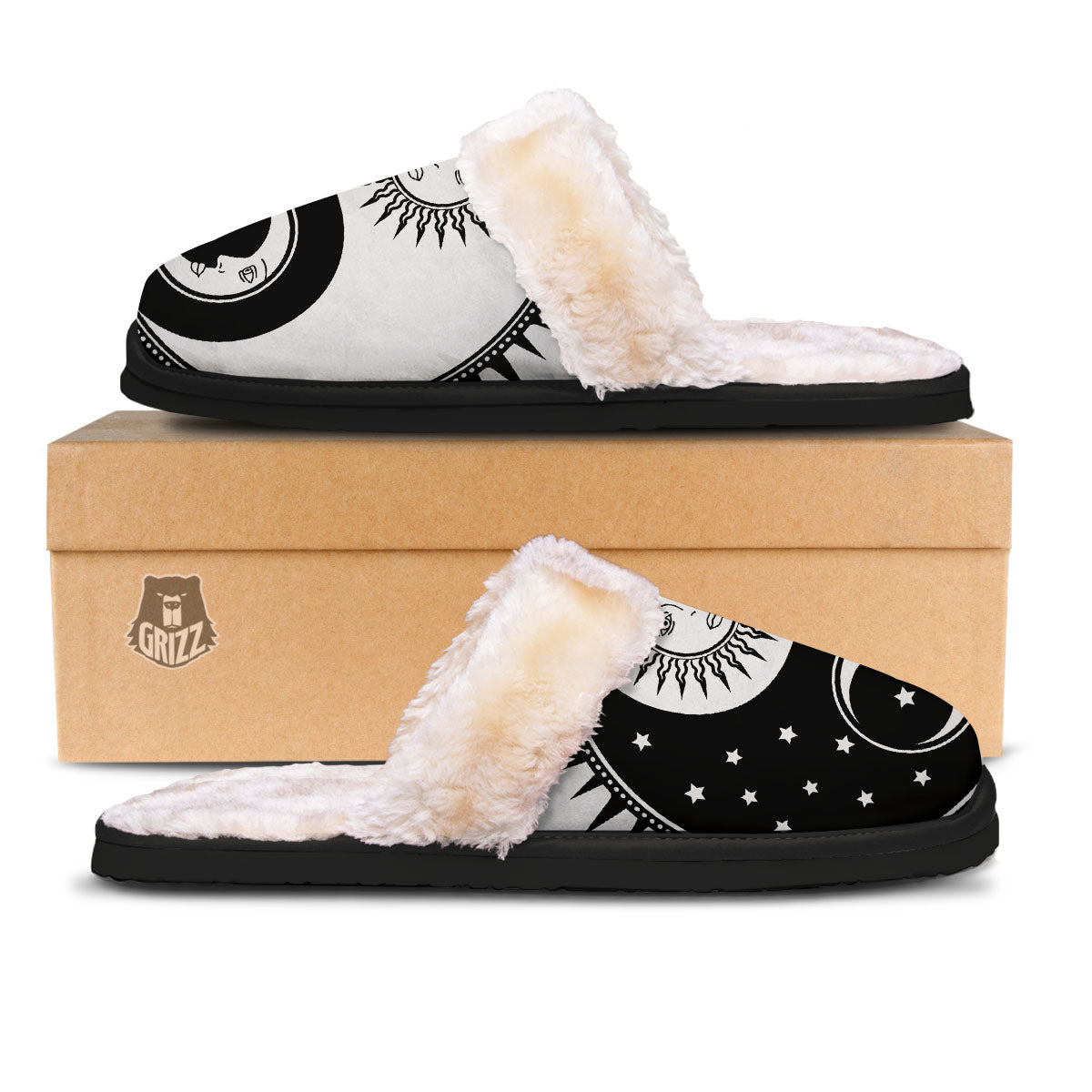Yin Yang Sun White And Black Print Slippers-grizzshop