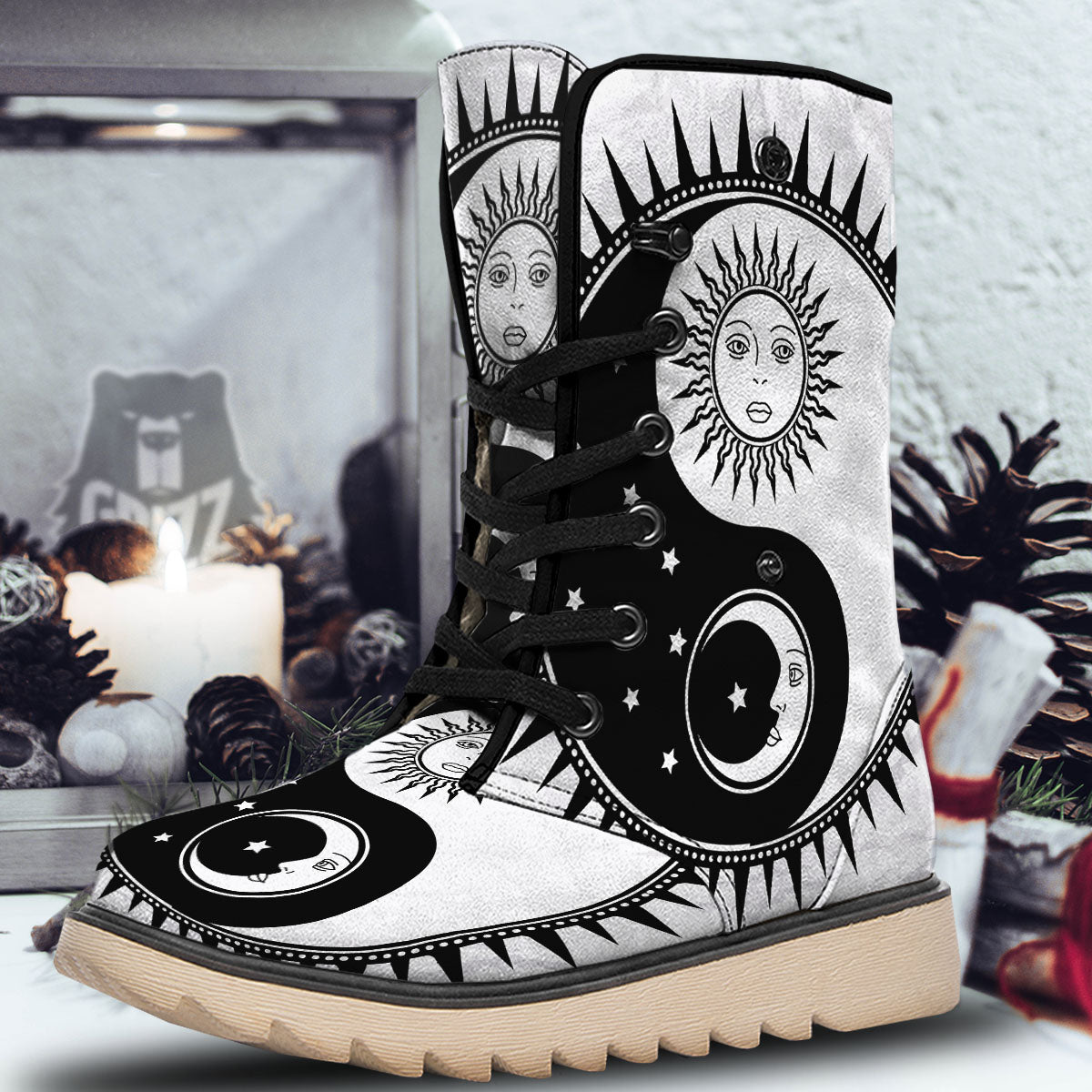 Yin Yang Sun White And Black Print Snow Boots-grizzshop