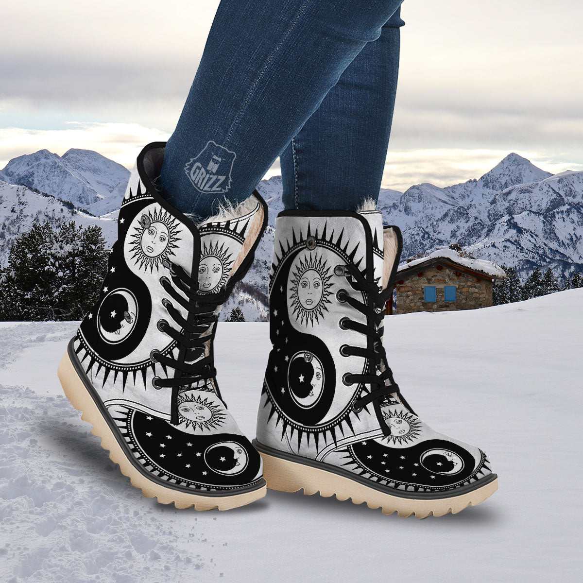 Yin Yang Sun White And Black Print Snow Boots-grizzshop