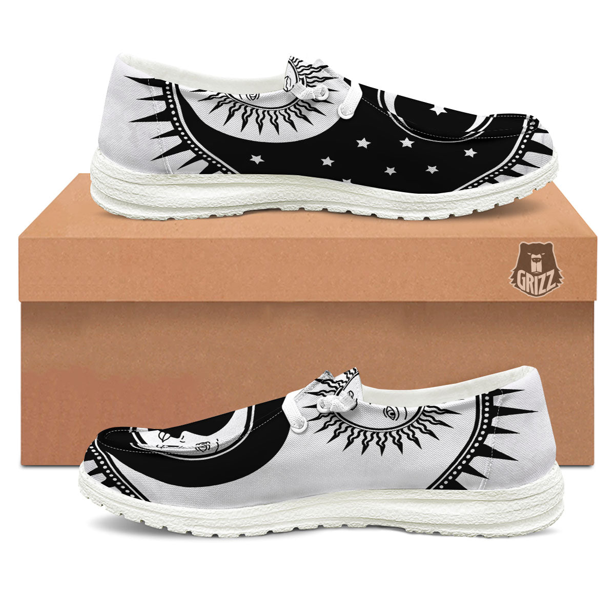 Yin Yang Sun White And Black Print White Loafers-grizzshop
