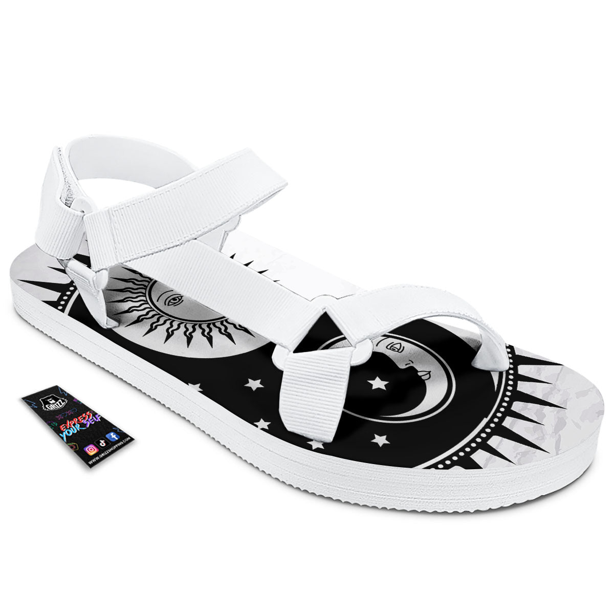 Yin Yang Sun White And Black Print White Open Toe Sandals-grizzshop