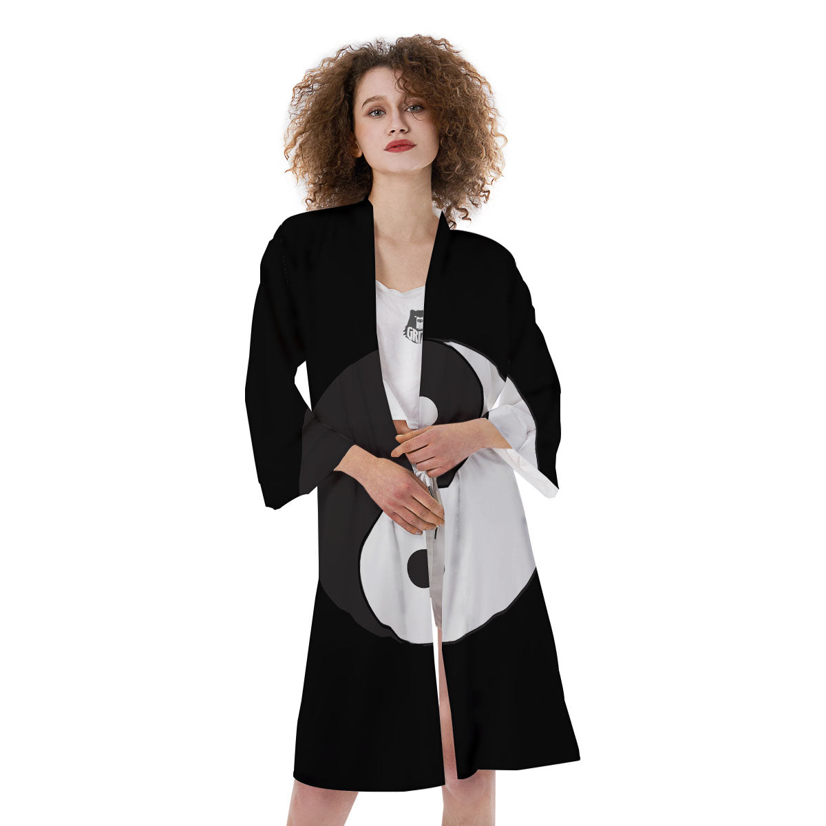 Yin Yang Symbol White And Black Print Kimono-grizzshop