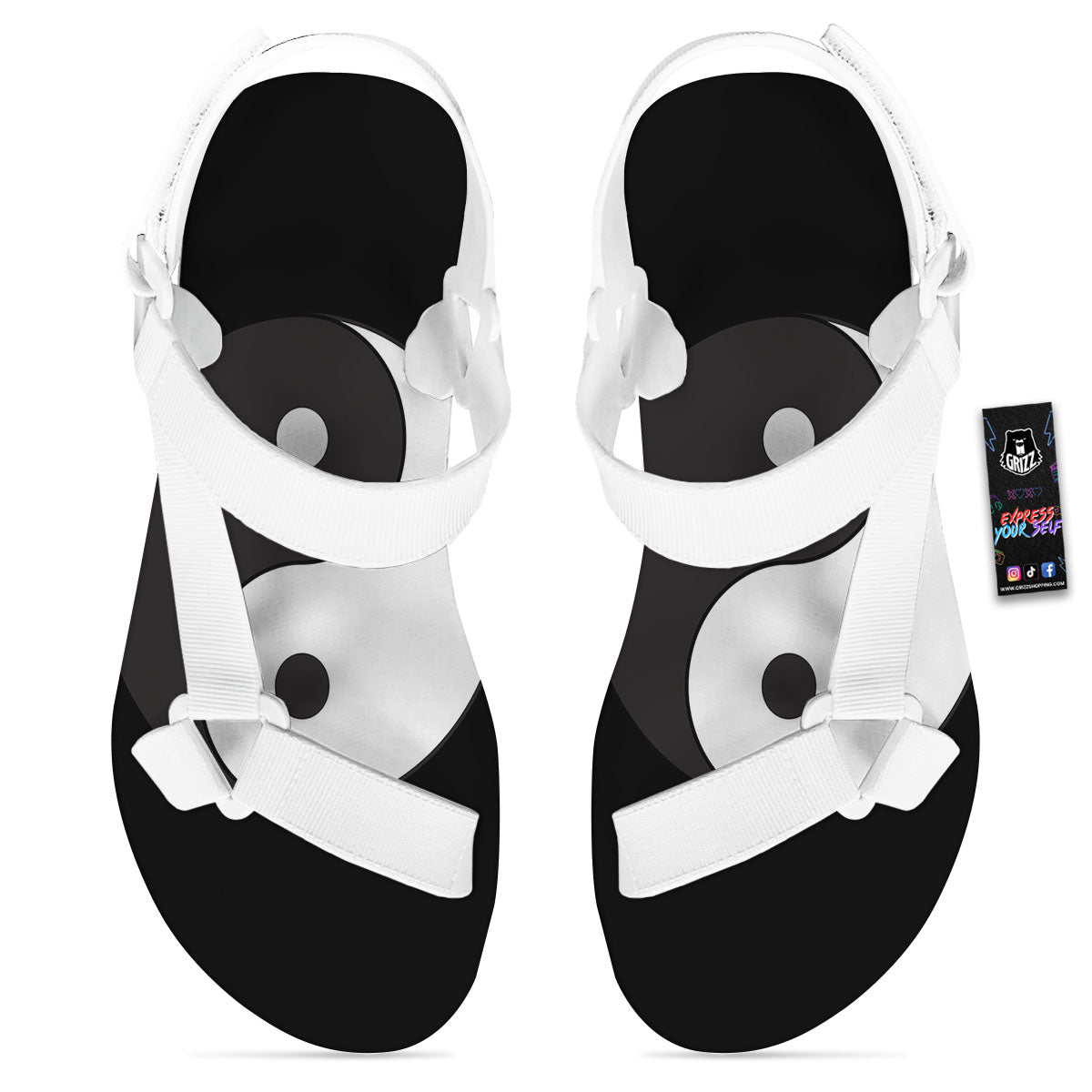 Yin Yang Symbol White And Black Print White Open Toe Sandals-grizzshop