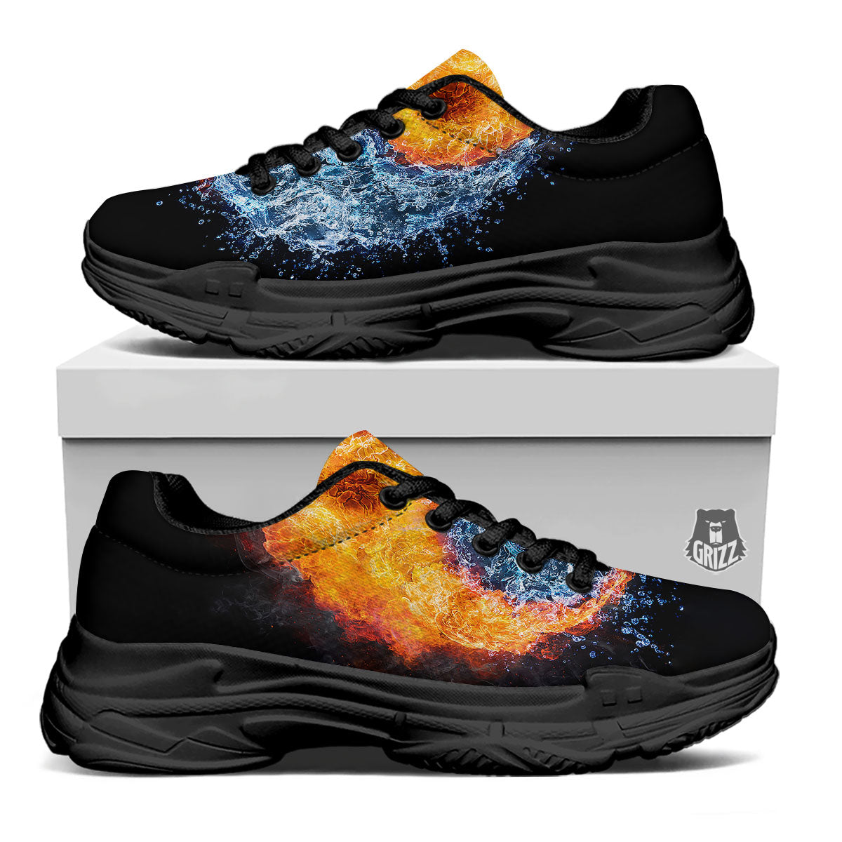 Yin Yang Water And Fire Print Black Chunky Shoes-grizzshop