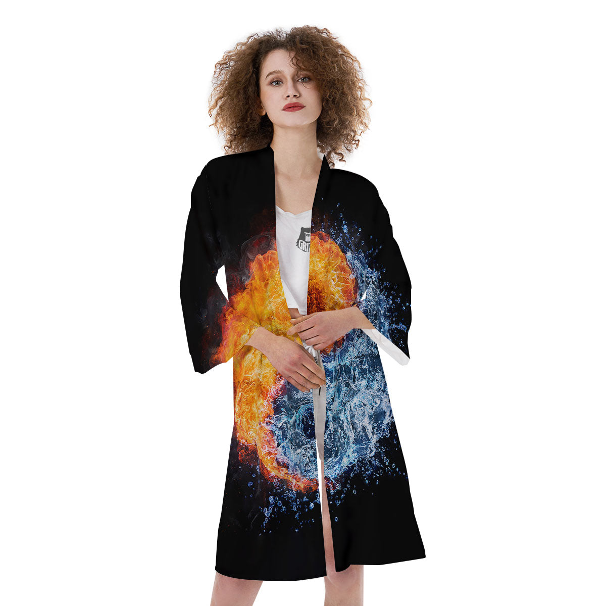 Yin Yang Water And Fire Print Kimono-grizzshop