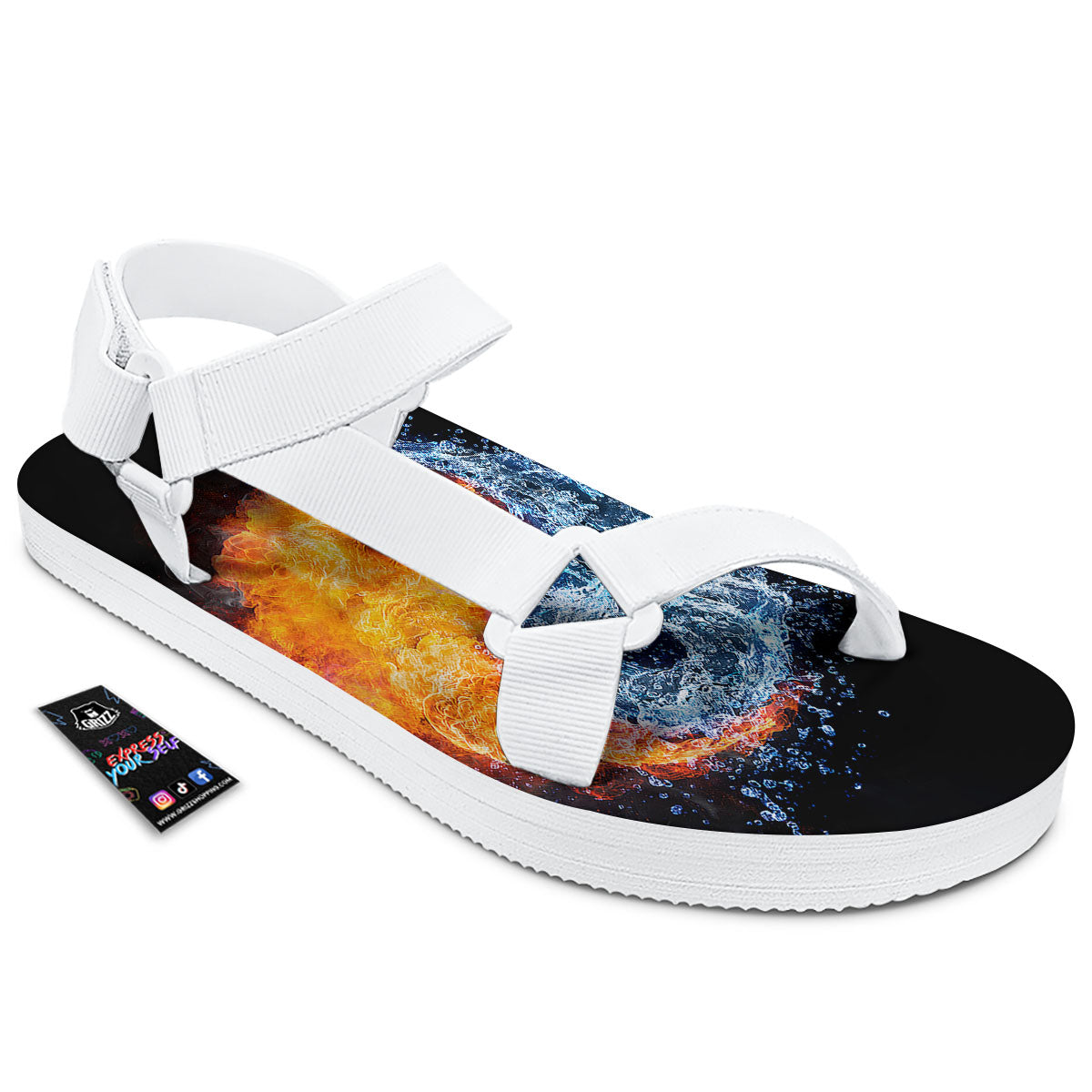 Yin Yang Water And Fire Print White Open Toe Sandals-grizzshop