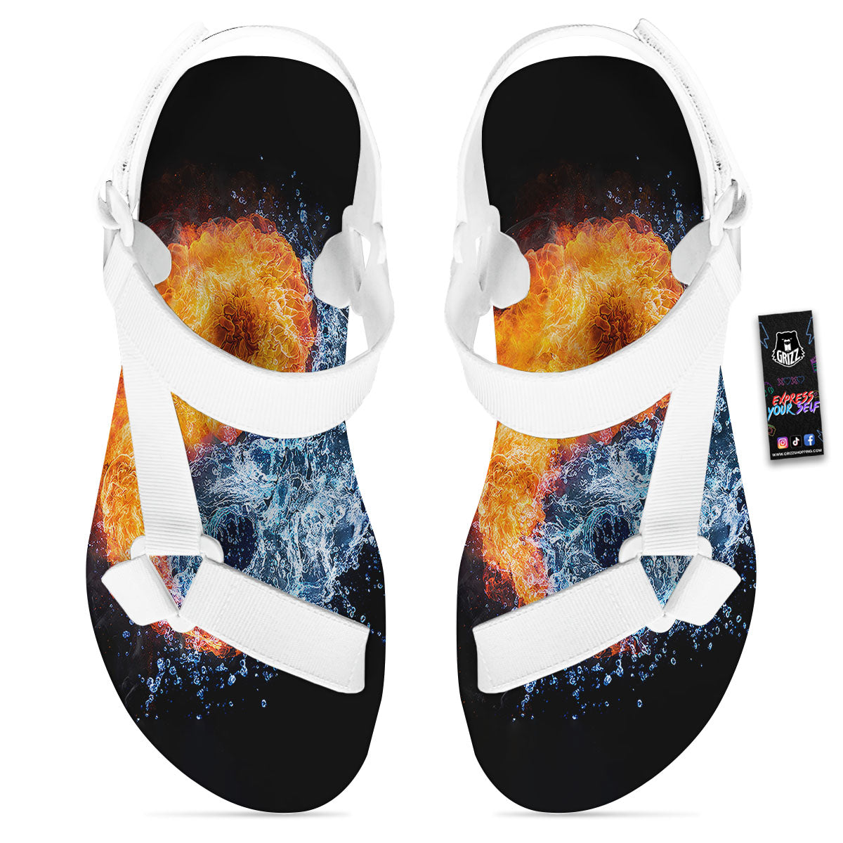 Yin Yang Water And Fire Print White Open Toe Sandals-grizzshop