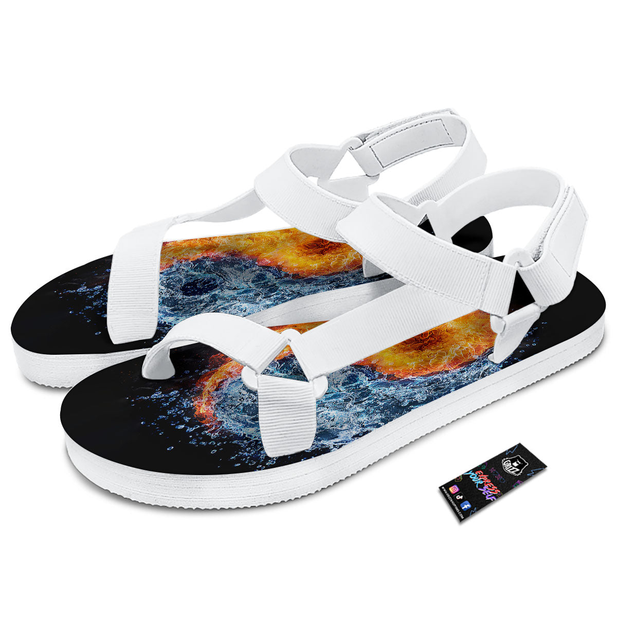 Yin Yang Water And Fire Print White Open Toe Sandals-grizzshop
