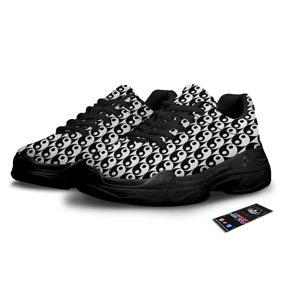 Yin Yang White And Black Print Pattern Black Chunky Shoes-grizzshop
