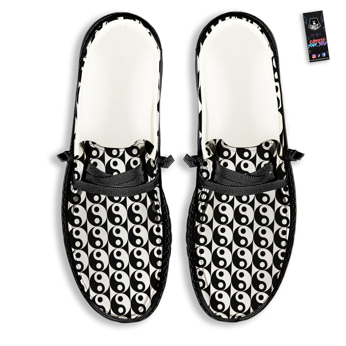 Yin Yang White And Black Print Pattern Black Loafers-grizzshop