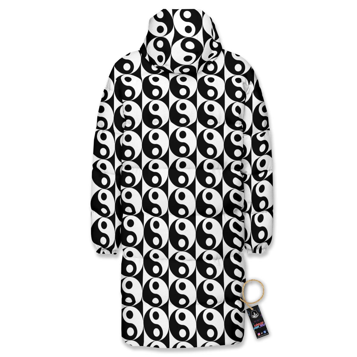 Yin Yang White And Black Print Pattern Long Down Jacket-grizzshop