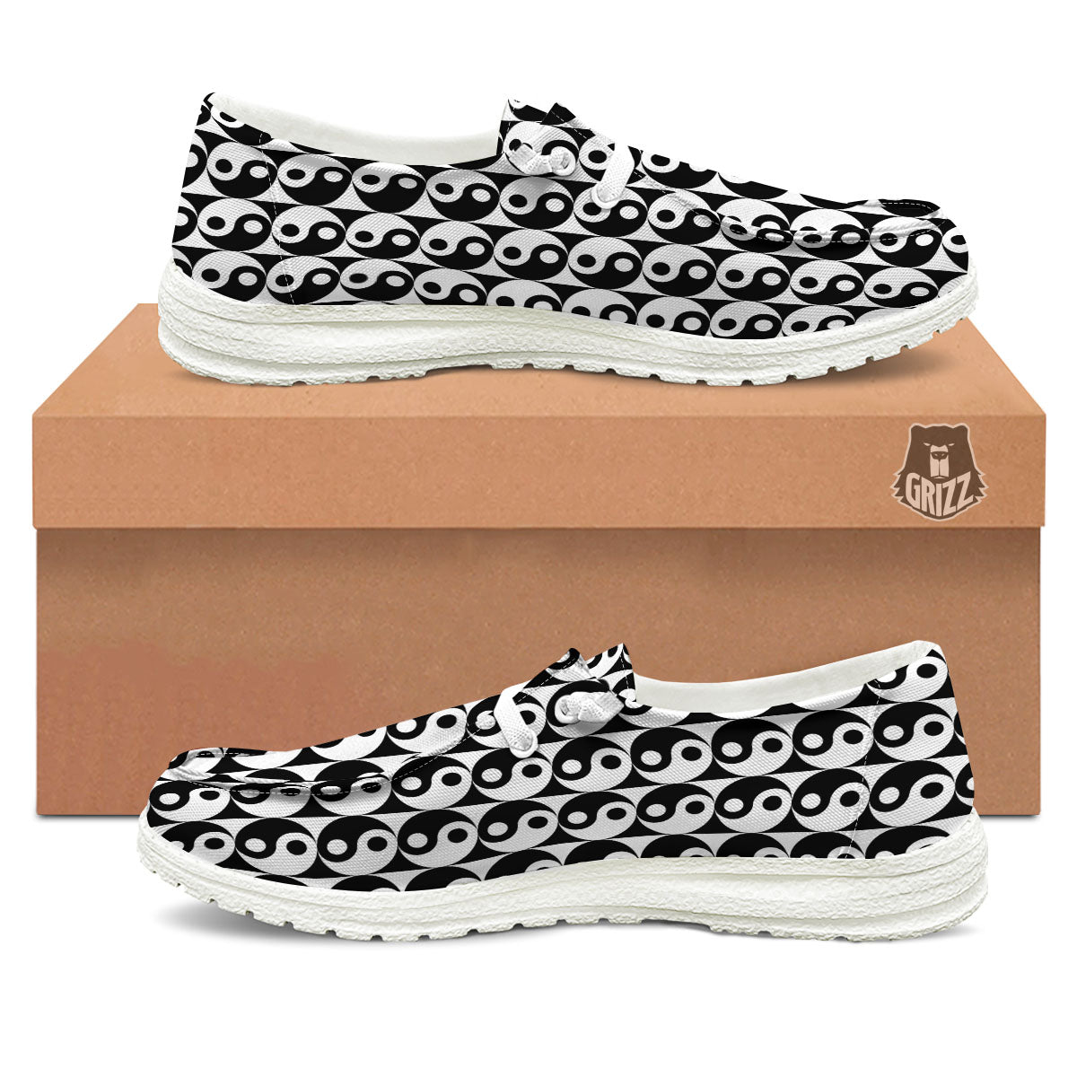 Yin Yang White And Black Print Pattern White Loafers-grizzshop