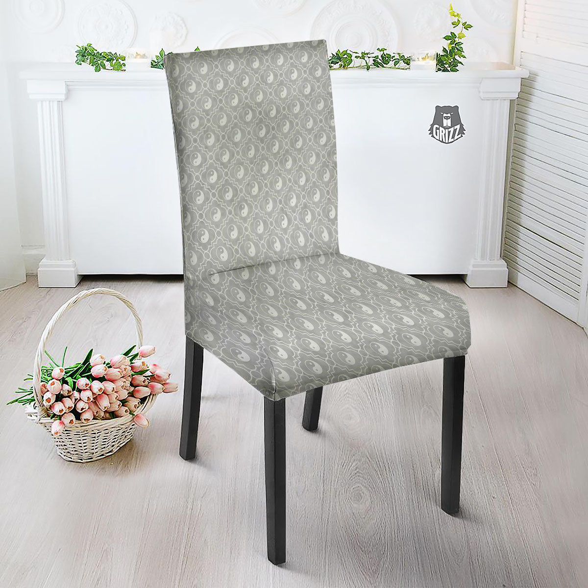 Yin Yang White And Grey Print Pattern Dining Chair Slipcover-grizzshop
