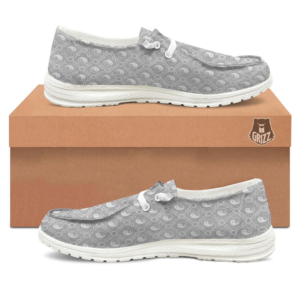 Yin Yang White And Grey Print Pattern White Loafers-grizzshop
