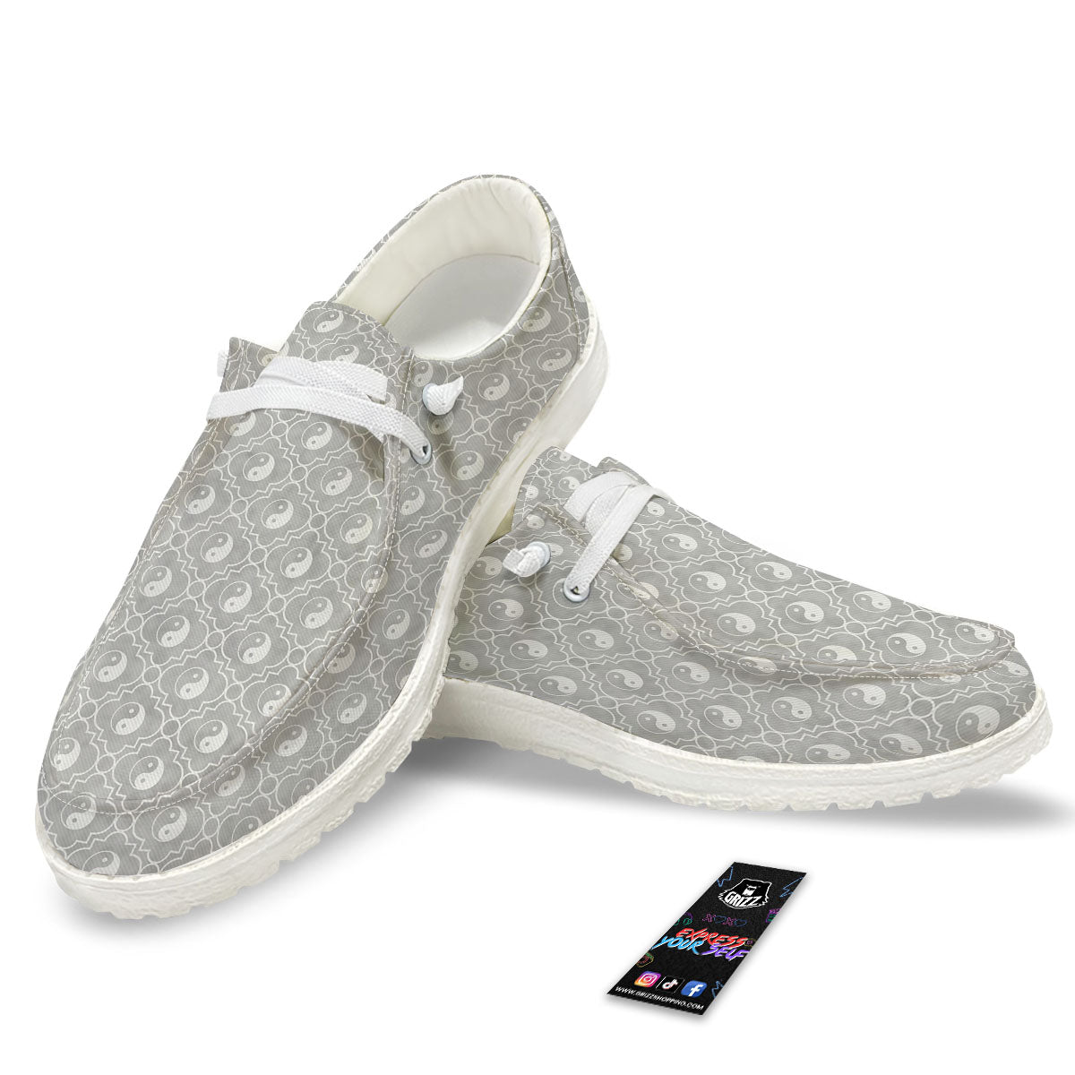 Yin Yang White And Grey Print Pattern White Loafers-grizzshop