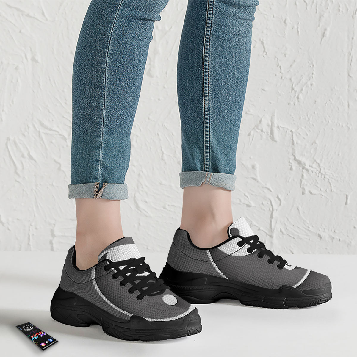 Yin Yang White And Sliver Print Black Chunky Shoes-grizzshop