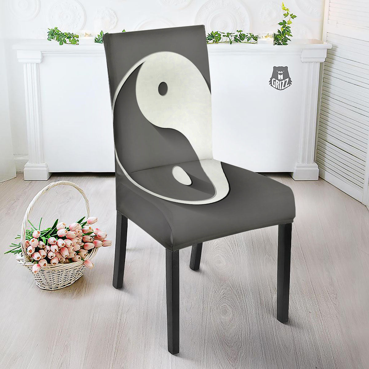 Yin Yang White And Sliver Print Dining Chair Slipcover-grizzshop