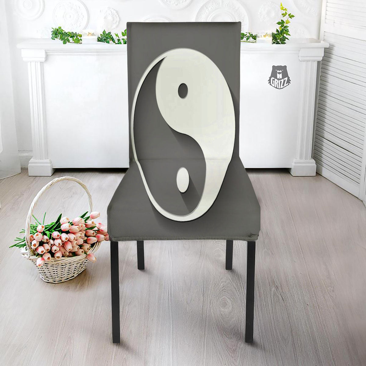 Yin Yang White And Sliver Print Dining Chair Slipcover-grizzshop