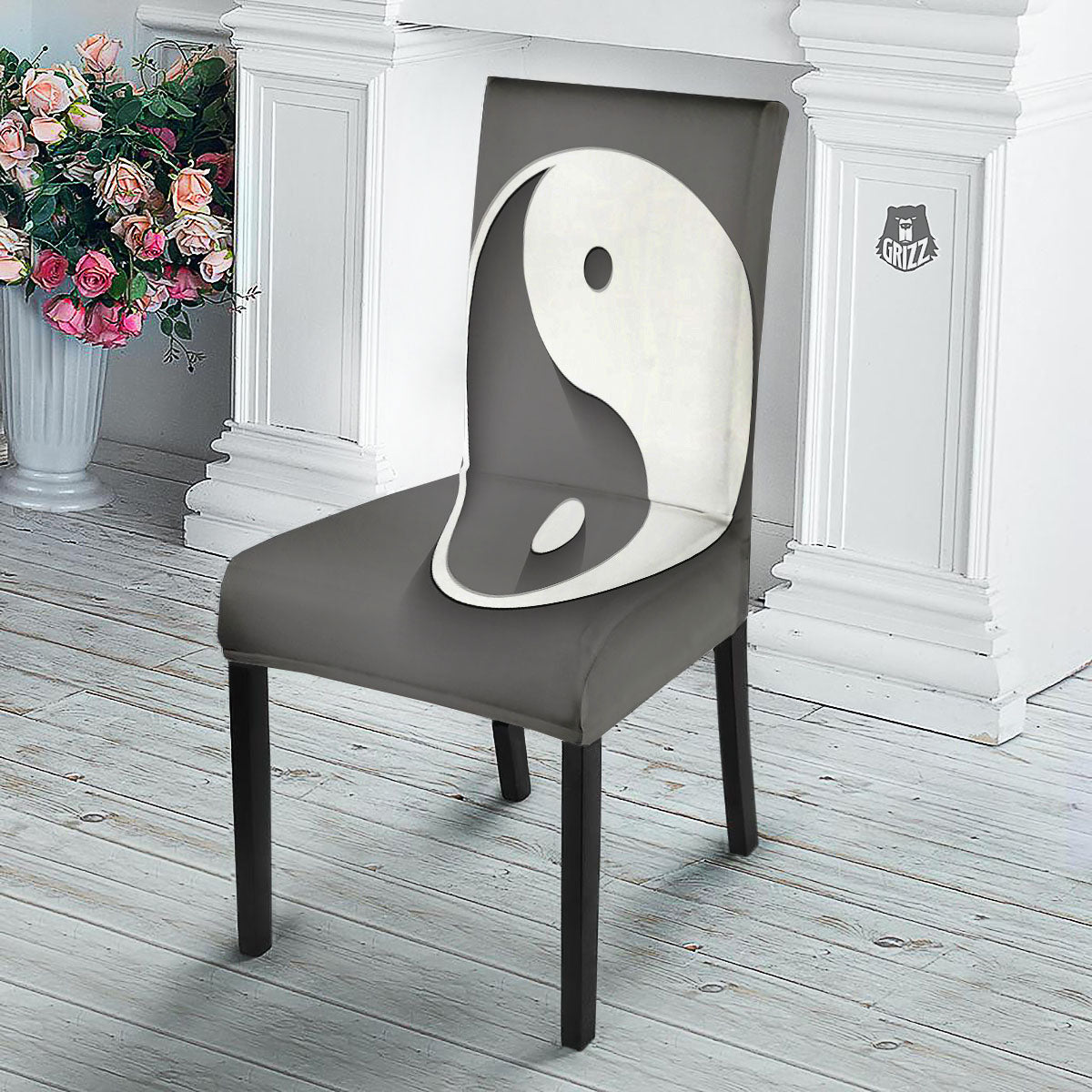 Yin Yang White And Sliver Print Dining Chair Slipcover-grizzshop