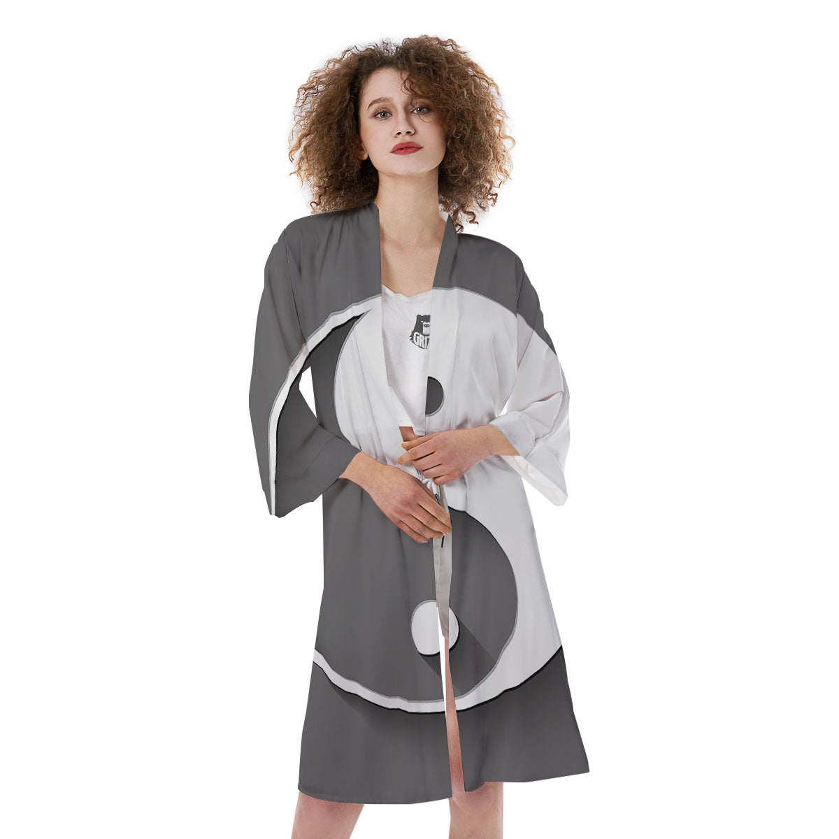 Yin Yang White And Sliver Print Kimono-grizzshop
