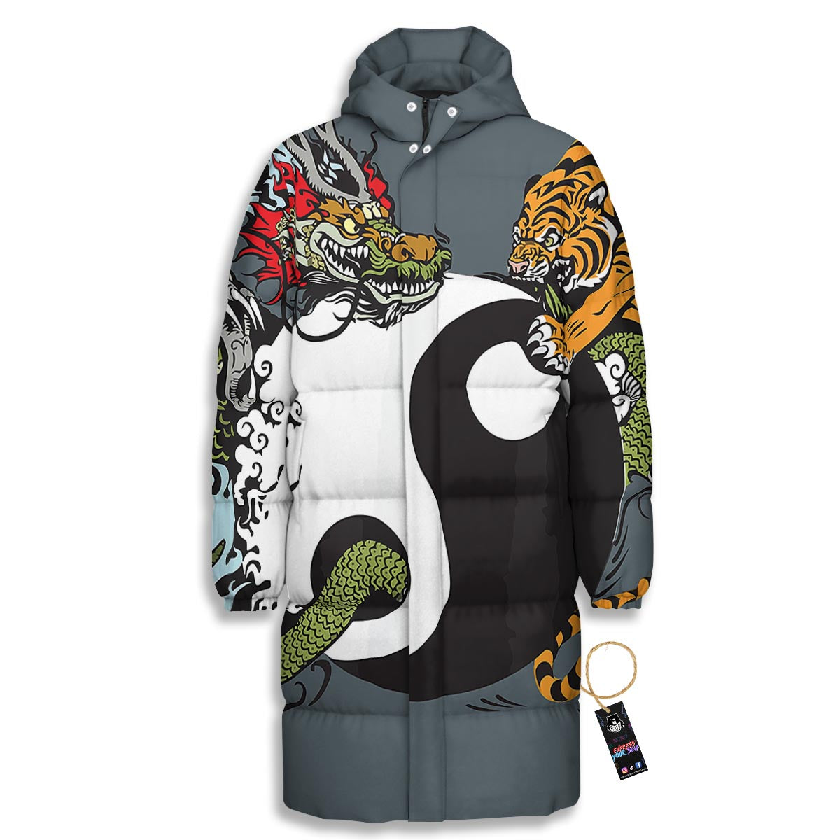 Yin Yang Dragon And Tiger Print Long Down Jacket