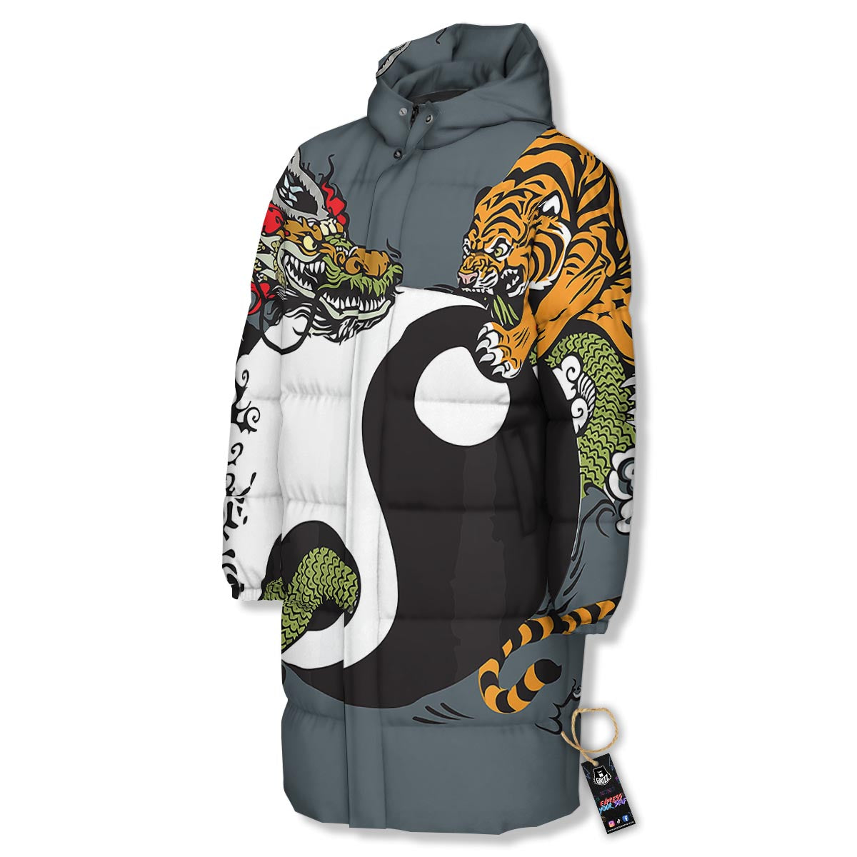 Yin Yang Dragon And Tiger Print Long Down Jacket