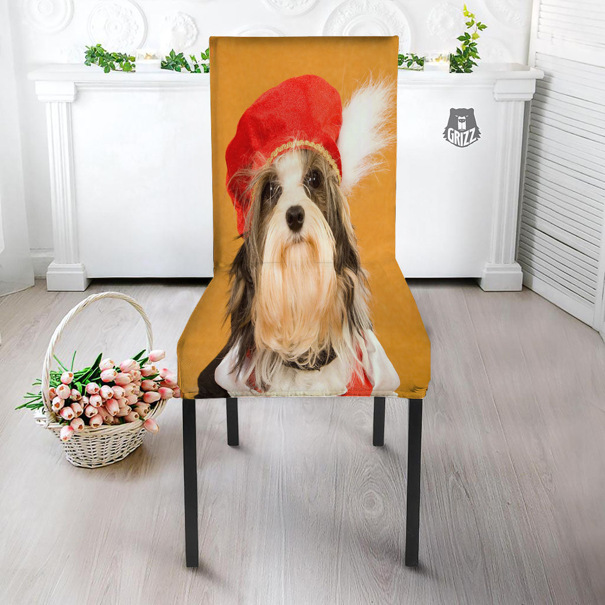 Yorkshire Terrier Red Cap Print Dining Chair Slipcover-grizzshop