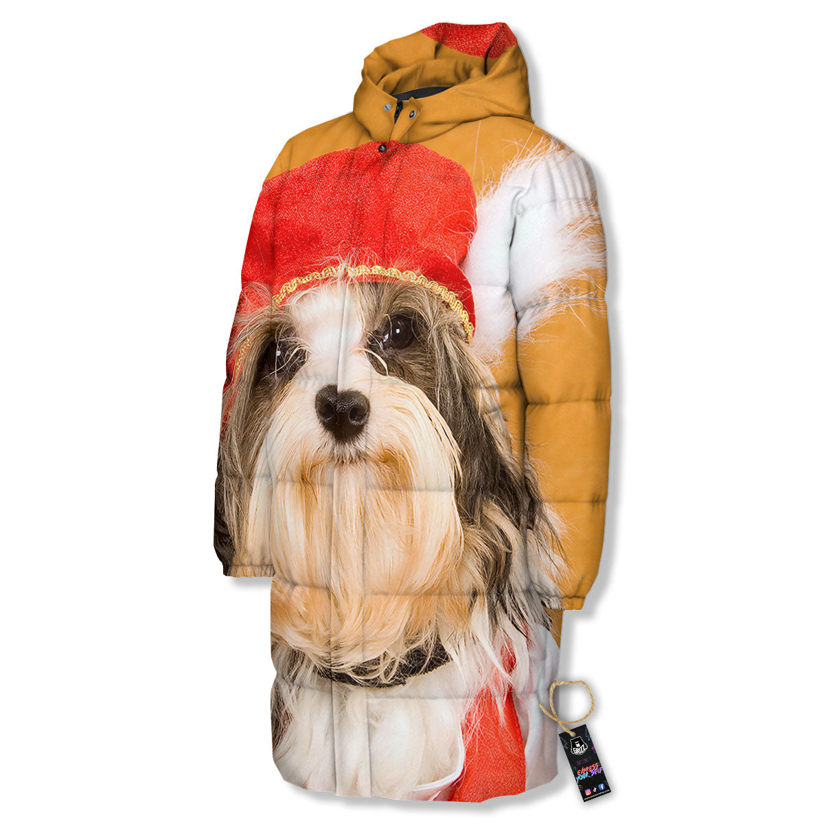Yorkshire Terrier Red Cap Print Long Down Jacket-grizzshop