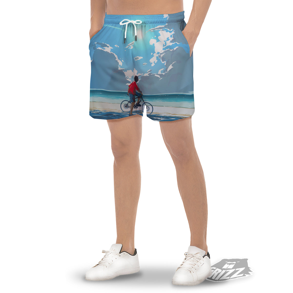 Young Man Looking At The Meteor Print Men's Gym Shorts-grizzshop