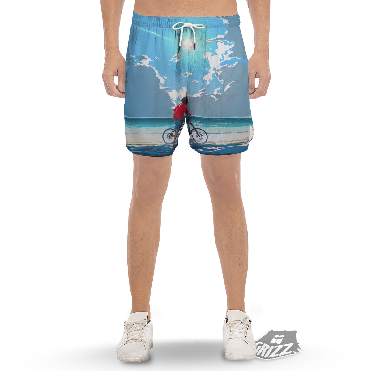 Young Man Looking At The Meteor Print Men's Gym Shorts-grizzshop