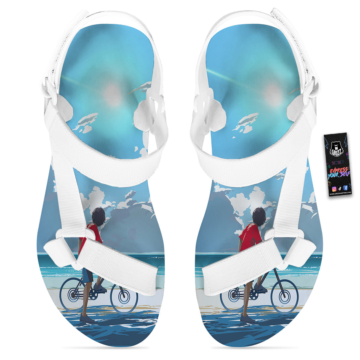Young Man Looking At The Meteor Print White Open Toe Sandals-grizzshop