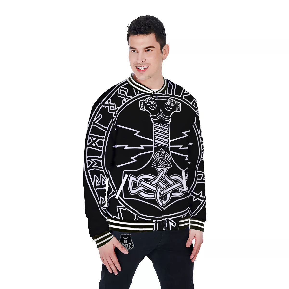 Younger Futhark And Mjolnir Print Baseball Jacket-grizzshop