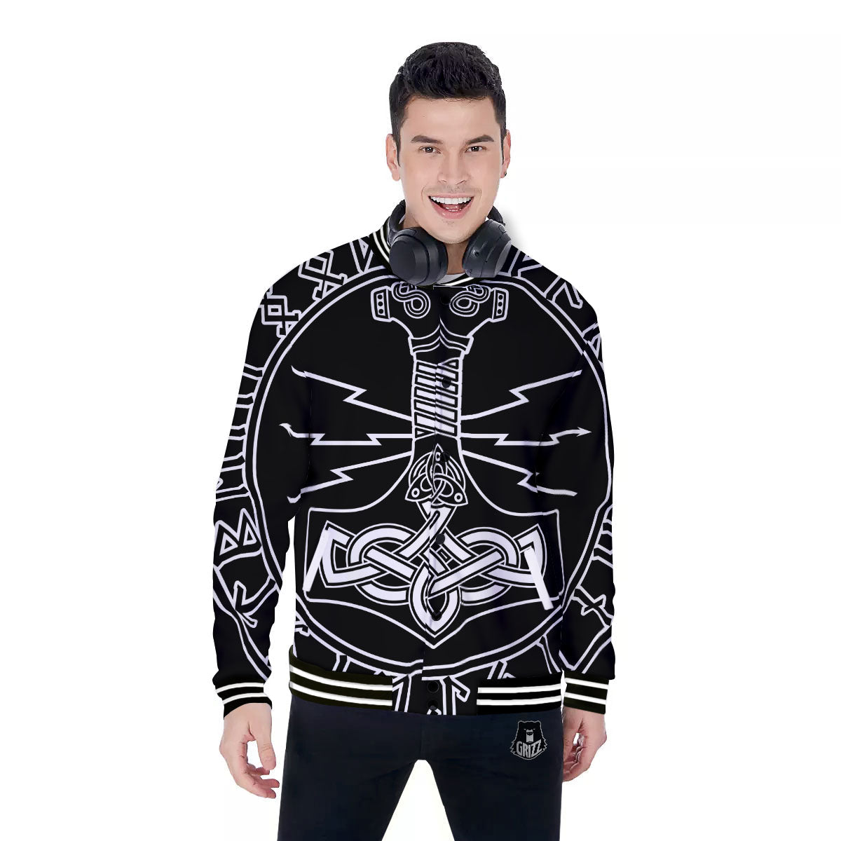 Younger Futhark And Mjolnir Print Baseball Jacket-grizzshop