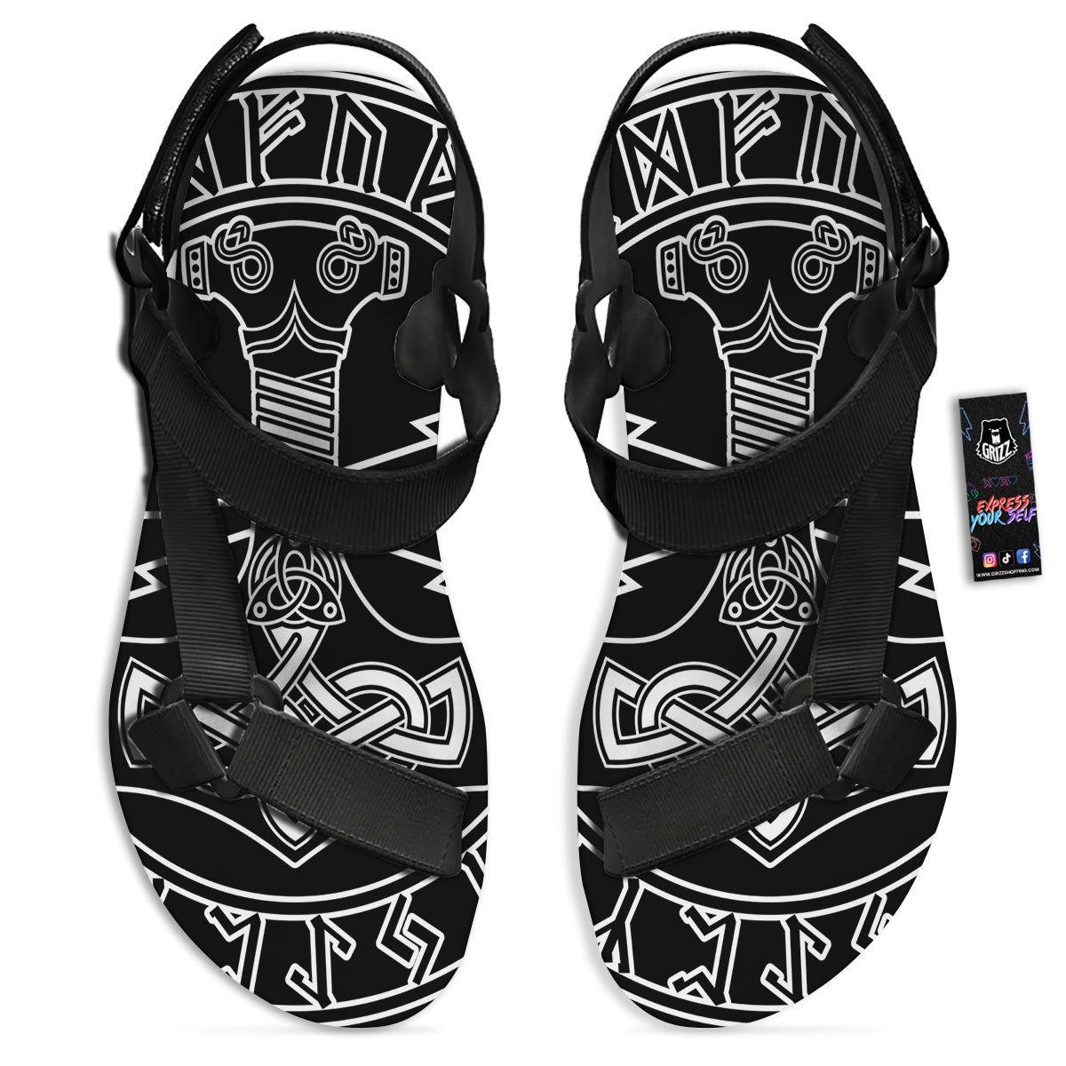 Younger Futhark And Mjolnir Print Black Open Toe Sandals-grizzshop