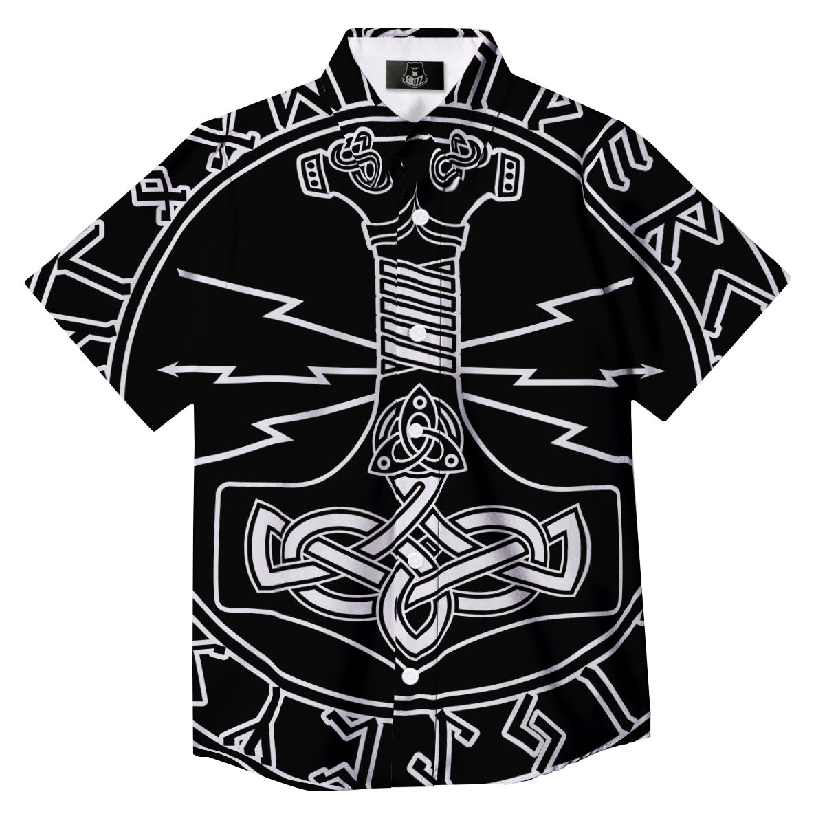 Younger Futhark And Mjolnir Print Button Up Shirt-grizzshop