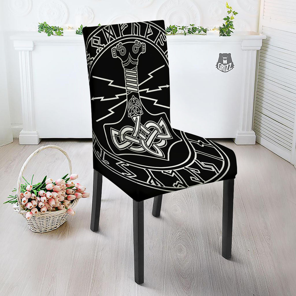 Younger Futhark And Mjolnir Print Dining Chair Slipcover-grizzshop