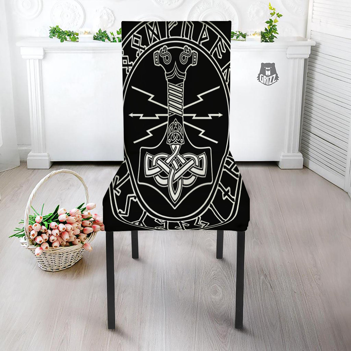 Younger Futhark And Mjolnir Print Dining Chair Slipcover-grizzshop