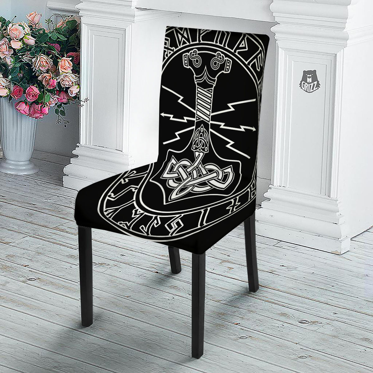 Younger Futhark And Mjolnir Print Dining Chair Slipcover-grizzshop