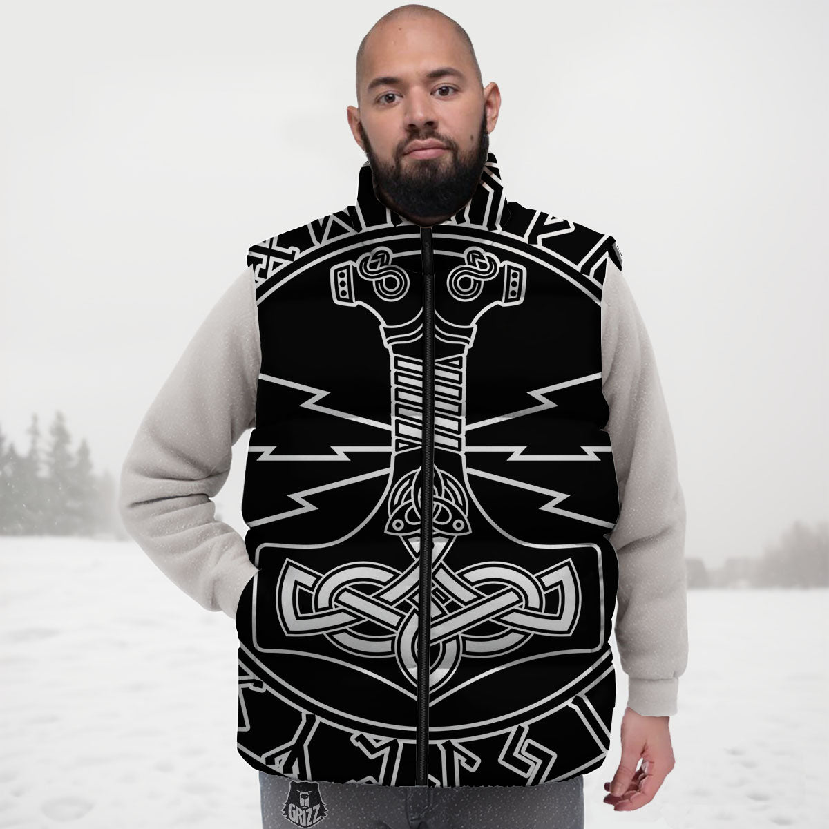 Younger Futhark And Mjolnir Print Down Vest