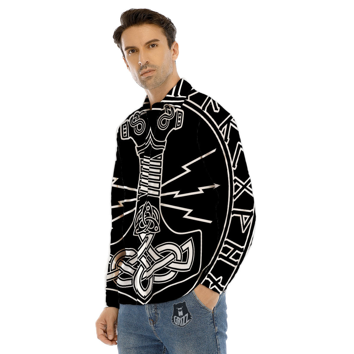 Younger Futhark And Mjolnir Print Men's Dress Shirts-grizzshop
