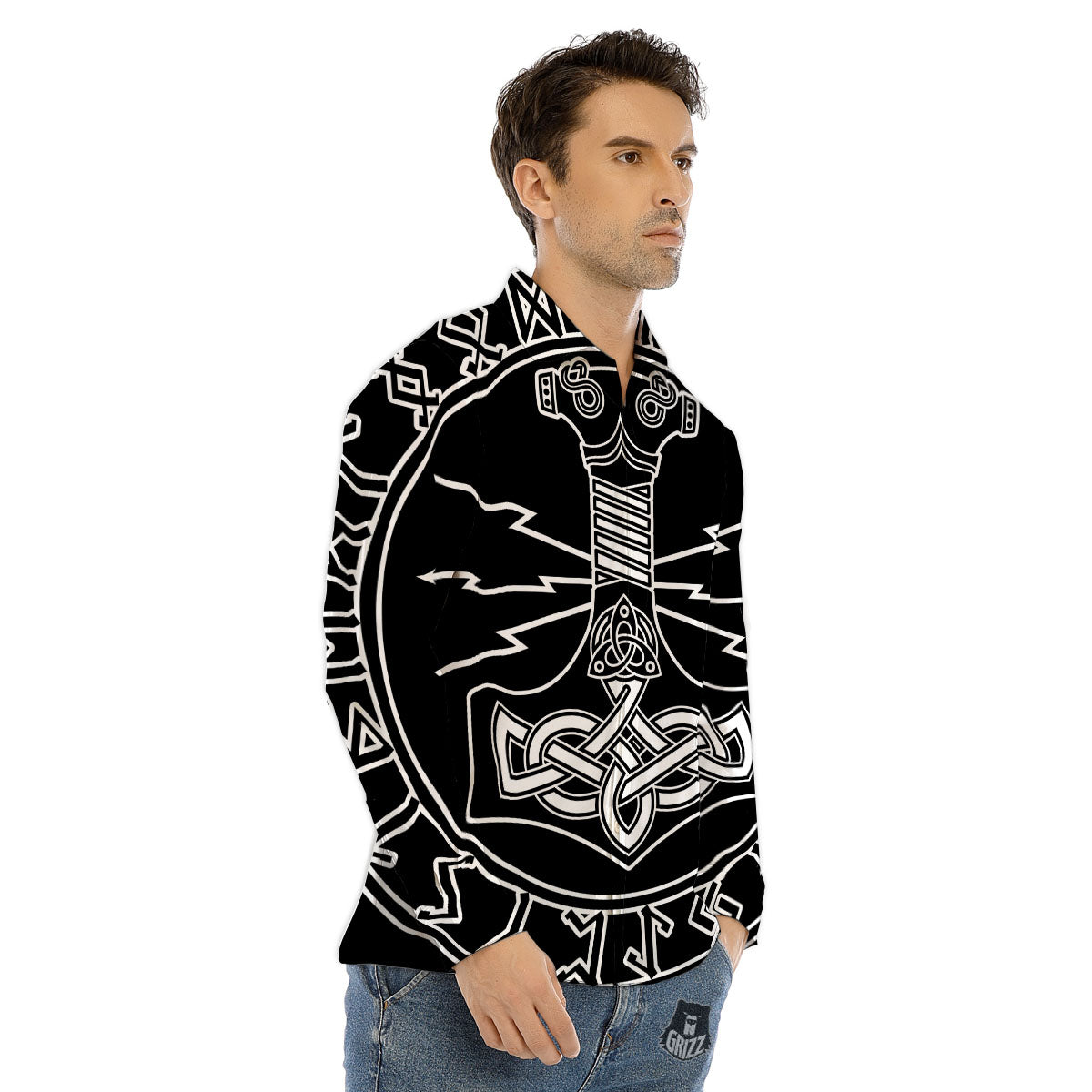 Younger Futhark And Mjolnir Print Men's Dress Shirts-grizzshop
