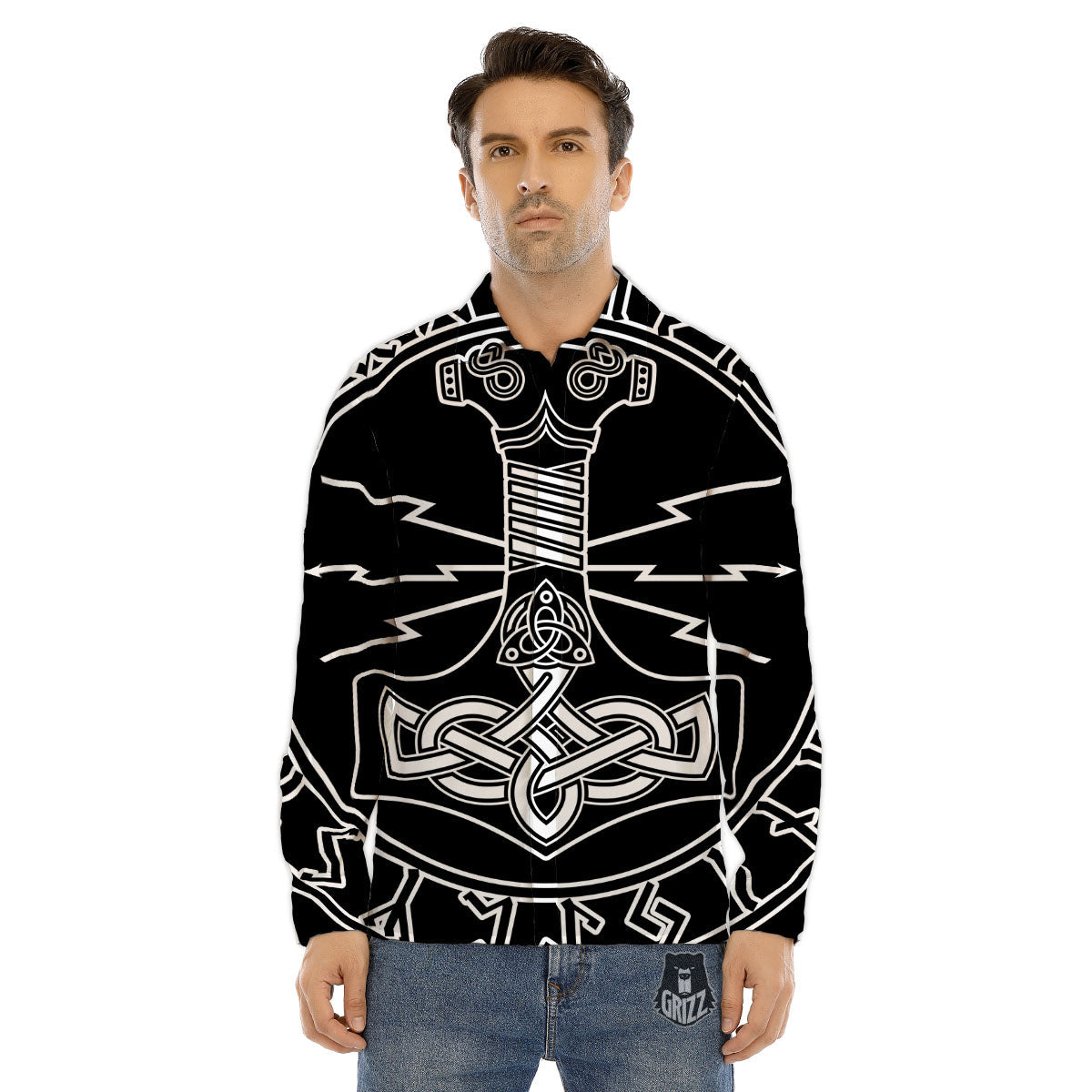 Younger Futhark And Mjolnir Print Men's Dress Shirts-grizzshop